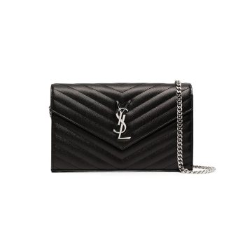 YSL Chain-Strap Ysl-Plaque Grained-Leather Ysl-Wallet