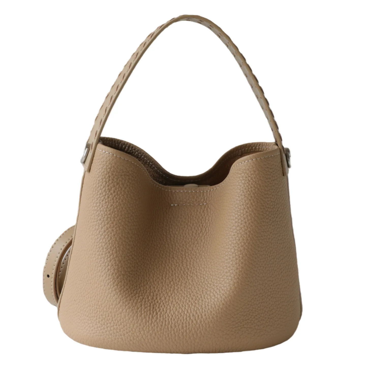 kf-S164cf4ec4e75427191a0f002efb563a4a 2026 New Women's Top Grain Leather Bucket Bag Woven Hollow Handle Adjustable Strap Crossbody Shoulder Handbag - Image 1