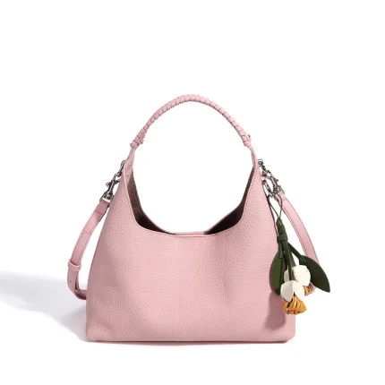Women's Top-Grain Cowhide Hobo Bag with Charm Adjustable Crossbody Shoulder Bag Multi-use Handbag for Daily Work